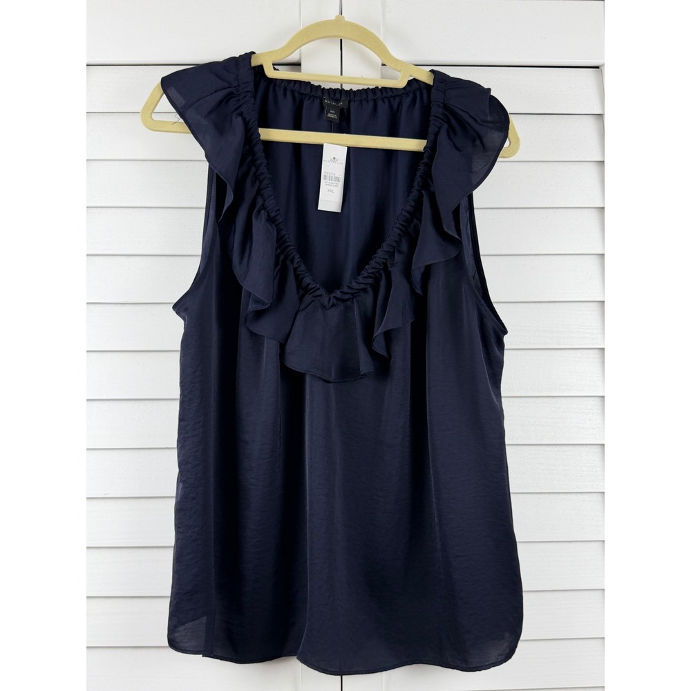 Ann Taylor Navy Ruffle V-Neck Sleeveless Blouse